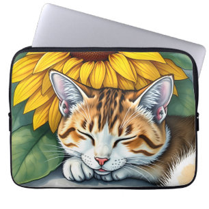 Funda Para Portátil Dulce Gatito Dormilón y Girasoles