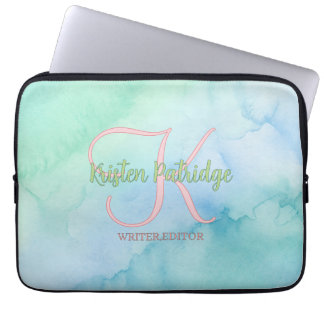 Funda Para Portátil editor de acuarela azul verde nombre monograma