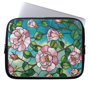 Funda Para Portátil Efecto de vidrio emplomado floral flores rosadas b