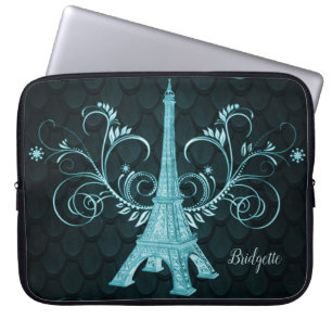 Funda Para Portátil Eiffel Tower Teal Floral Swirls