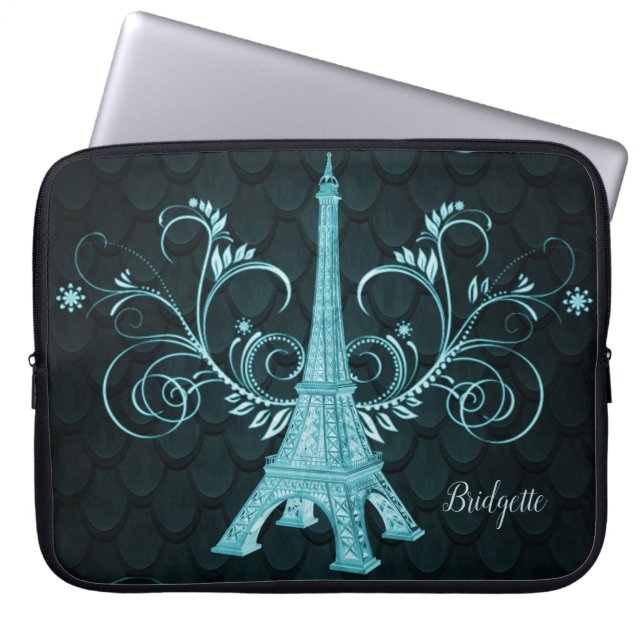 Funda Para Portátil Eiffel Tower Teal Floral Swirls (Frente)