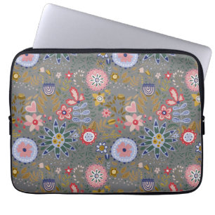 Funda Para Portátil El arte folclórico caprichoso florió gris