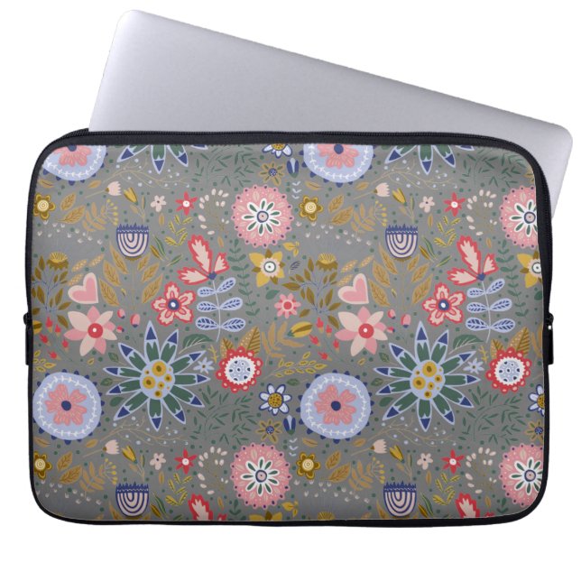 Funda Para Portátil El arte folclórico caprichoso florió gris (Frente)