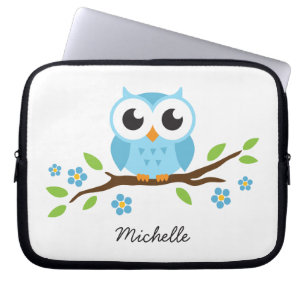 Funda Para Portátil El búho azul lindo en rama floral personalizó