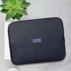 Funda Para Portátil El cuero azul de la Marina moderna parece monogram