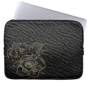 FUNDA PARA PORTÁTIL EL CUERO NEGRO SE VE PATRÓN CON ROSAS DE ORO NEGRO