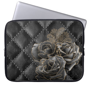 FUNDA PARA PORTÁTIL EL CUERO NEGRO SE VE PATRÓN CON ROSAS DE ORO NEGRO