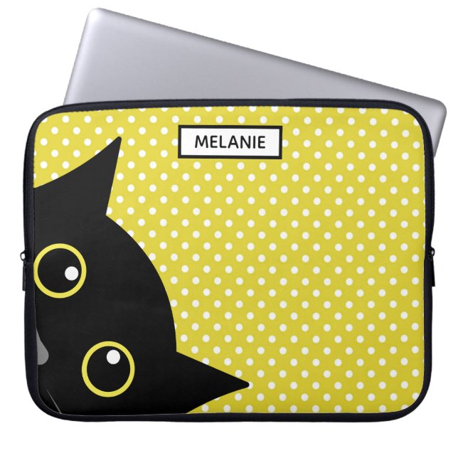 Funda Para Portátil El curioso gato negro amarillo polka punto persona (Frente)