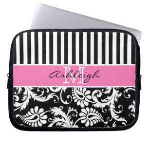 Funda Para Portátil El damasco rosado, negro, blanco raya la manga del