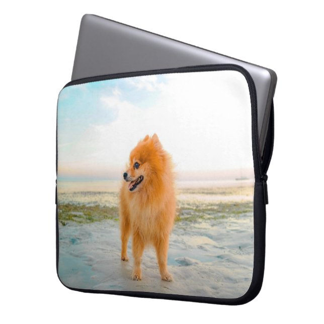 Funda Para Portátil El Naranja dulce Pomeranian en la playa (Anverso izquierdo)