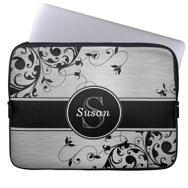FUNDA PARA PORTÁTIL EL NEGRO DE PLATA REMOLINA SU MONOGRAMA (Frente)