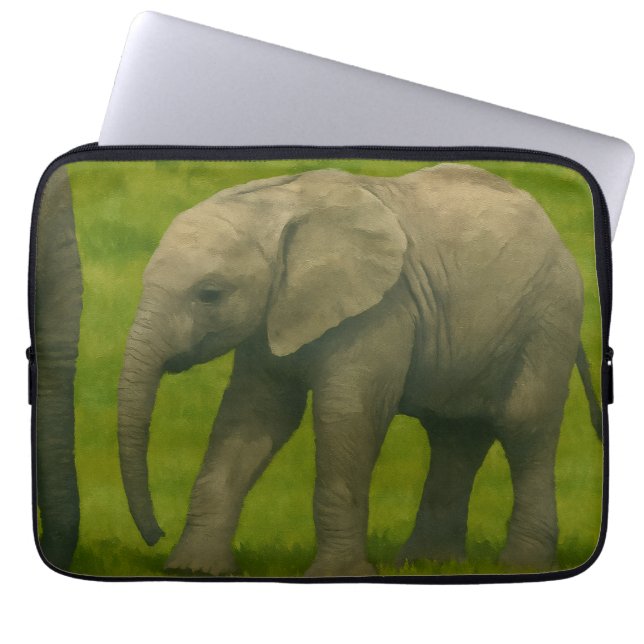 Funda Para Portátil Elefante joven con tutor en reserva de hierba (Frente)