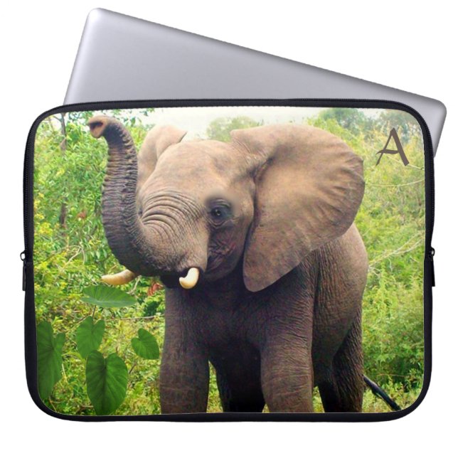 Funda Para Portátil Elefante silvestre con plantas tropicales y monogr (Frente)
