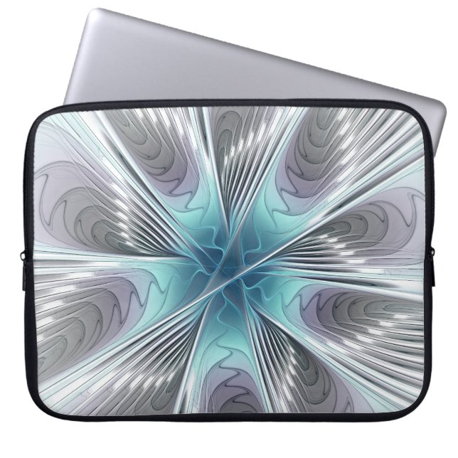 Funda Para Portátil Elegancia Flor de Arte Fractal Blanco Gris Azul (Frente)