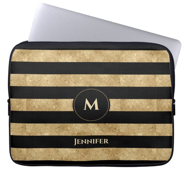 Funda Para Portátil Elegant Black Gold Glitter Striped Monogram  (Frente)