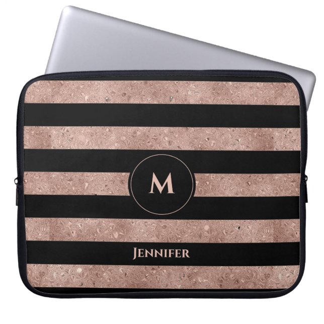 Funda Para Portátil Elegant Black Rose Gold Glitter Striped Monogram (Frente)