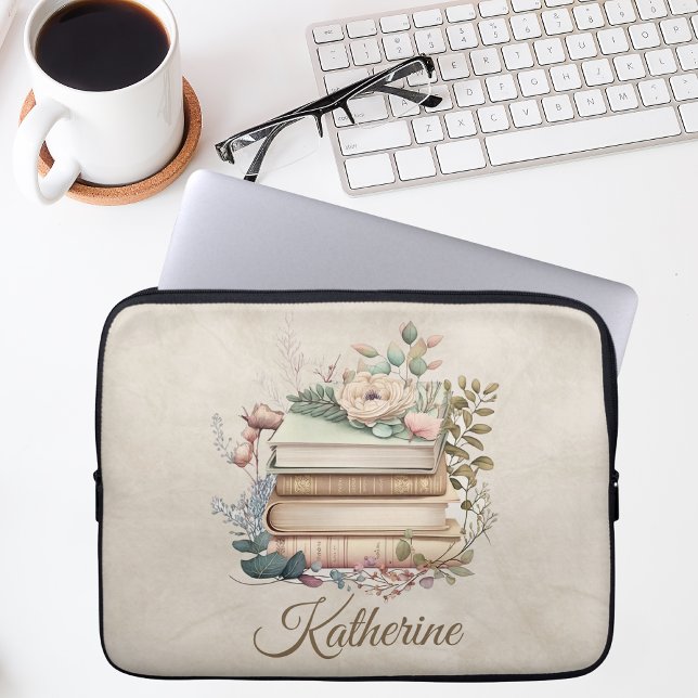Funda Para Portátil Elegant Boho Book Stack Floral  Name (Subido por el creador)