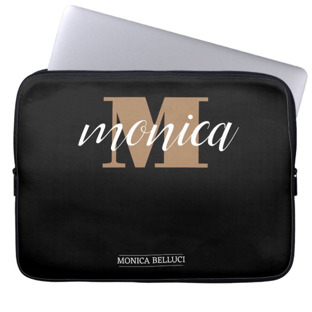 Funda Para Portátil Elegant Monogram Black Gold Script minimal (Frente)