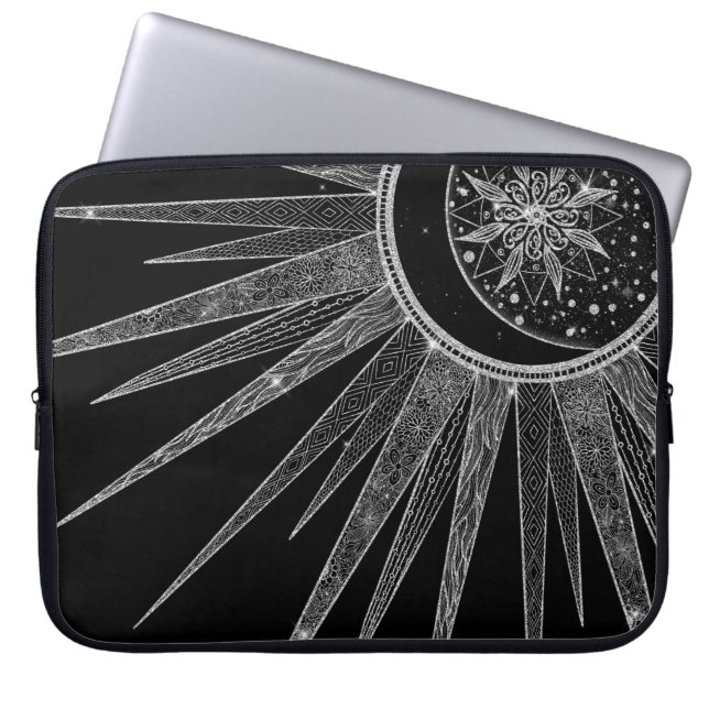 Funda Para Portátil Elegant Silver Sun Moon Mandala Black Design (Frente)