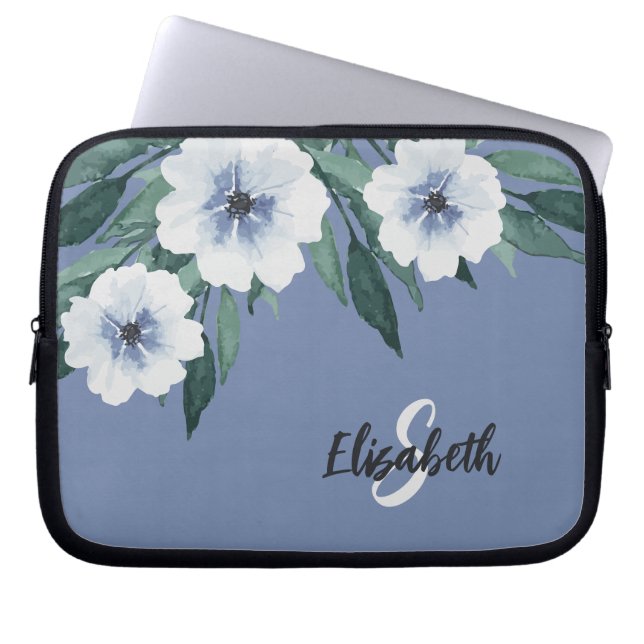 Funda Para Portátil Elegante acuarela Floral nombre monogramado azul (Frente)