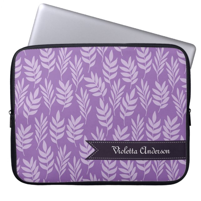 Funda Para Portátil Elegante Añadir su nombre morado y hojas de lavand (Frente)