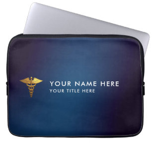 Funda Para Portátil Elegante Caduceo Médico de Oro Azul Marino