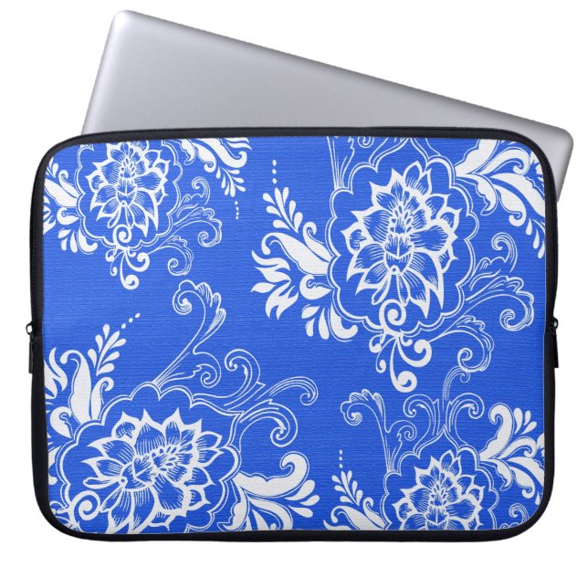 Funda Para Portátil elegante, clásico, elegante florido azul y blanco (Frente)