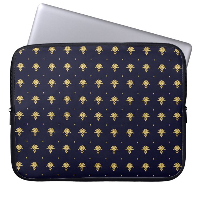 Funda Para Portátil Elegante Damasco Azul y Oro de la Marina (Frente)