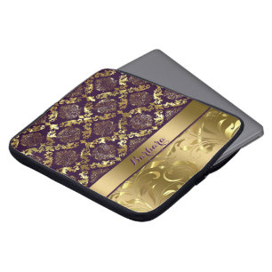 Funda Para Portátil Elegante De Oro Metálico Y Damascos Y Encaje Púrpu