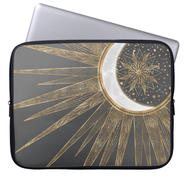 Funda Para Portátil Elegante Doodles dorados Sun Moon Mandala Diseño (Frente)
