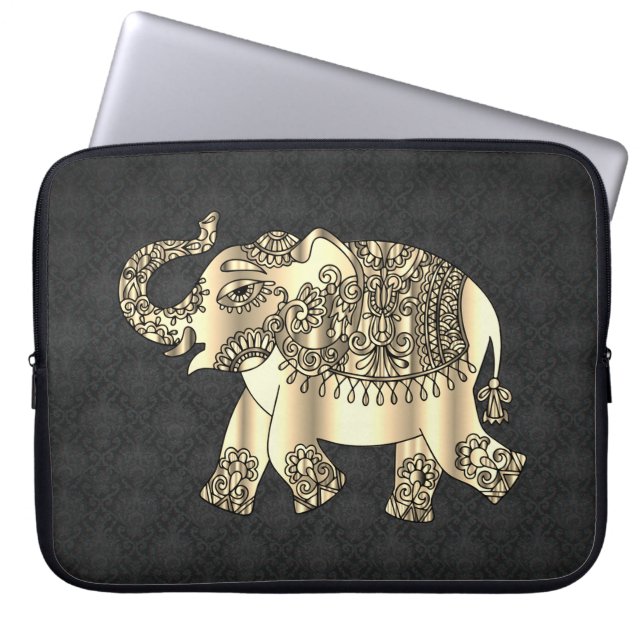 Funda Para Portátil Elegante Elefante Floral de Paisley Gold, Damasco  (Frente)