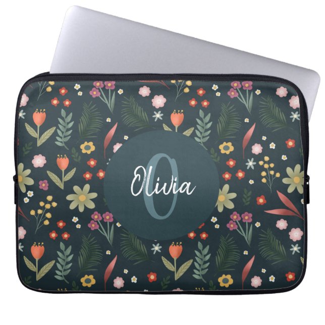 Funda Para Portátil Elegante floral y moderno monograma botánico (Frente)