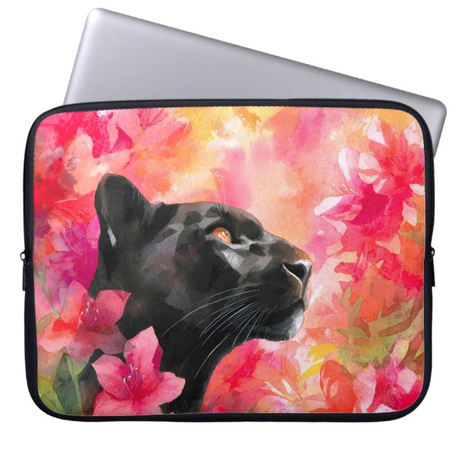 Funda Para Portátil Elegante floreciente Floral Wild Panther Negro (Frente)