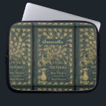Funda Para Portátil Elegante Jane Austen Orgullo y portada del libro d<br><div class="desc">Regalo personalizado para un fan de Jane Austen con una foto de la portada del libro Orgullo y Prejuicio,  verde oscuro con un falso pavo real dorado.</div>