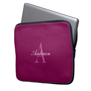 Funda Para Portátil Elegante Magenta rojo, rosa y blanco nombre y mono