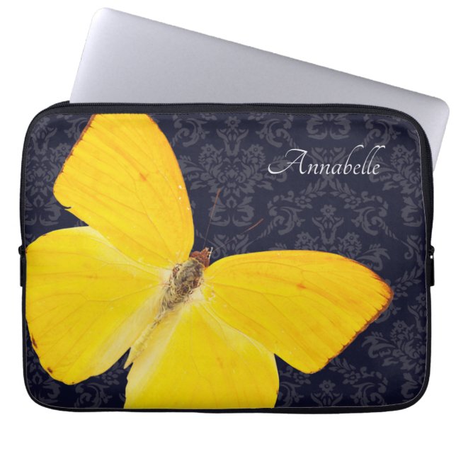 Funda Para Portátil Elegante Mariposa Amarilla Negro Damask Añadir nom (Frente)