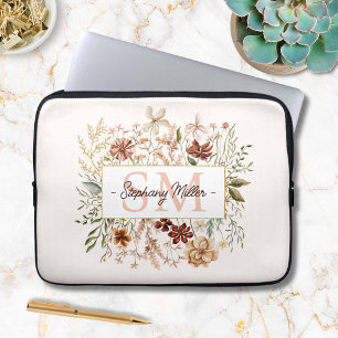 Funda Para Portátil Elegante Monograma Acuarela Floral de Flores Silve