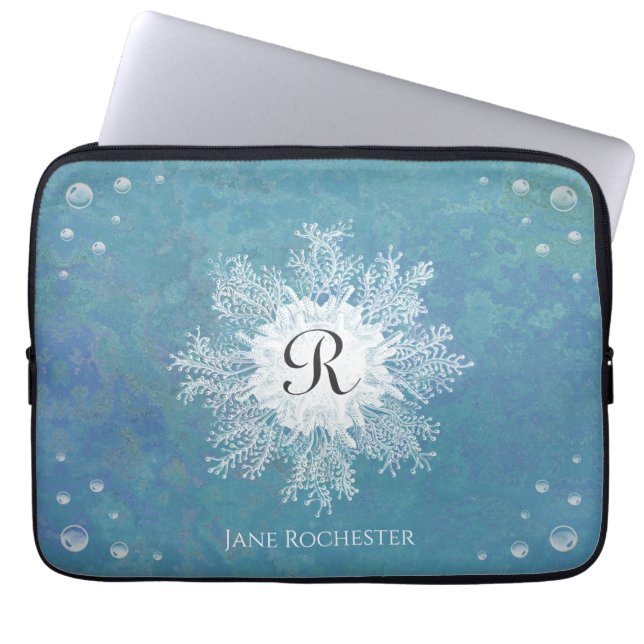 Funda Para Portátil Elegante Monograma de Coral Verde Azul Marino (Frente)