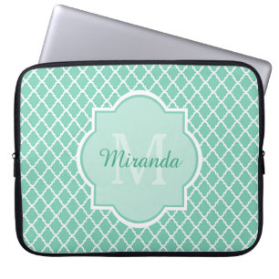 Funda Para Portátil Elegante Monograma De Cuatrefoil Verde De Mint Con