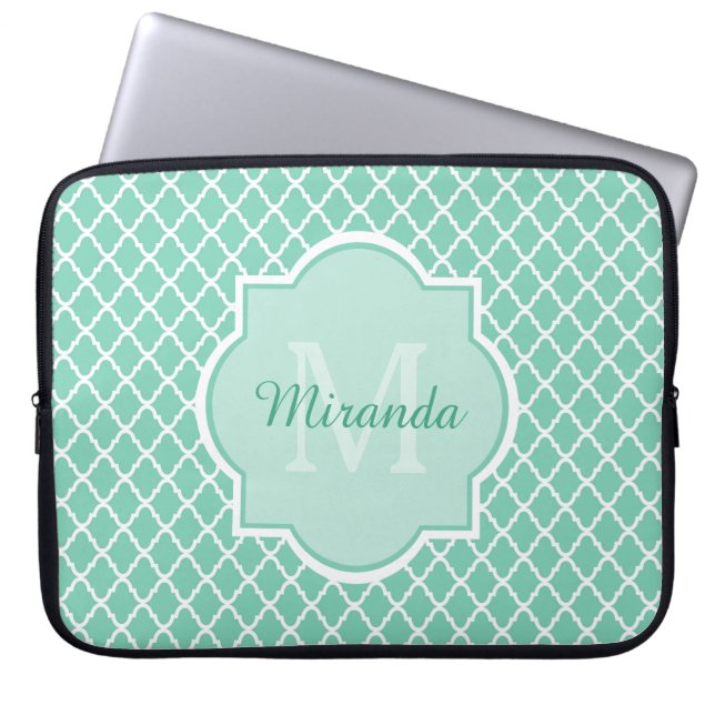 Funda Para Portátil Elegante Monograma De Cuatrefoil Verde De Mint Con (Frente)