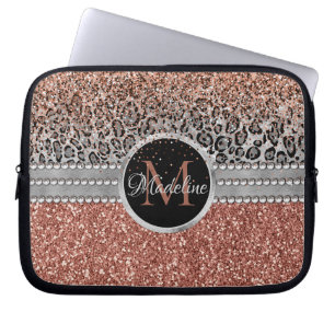 Funda Para Portátil Elegante Monograma de Leopardo Rosa Dorado Purpuri