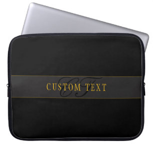 Funda Para Portátil Elegante Monograma de Letra Script Negro y Dorado