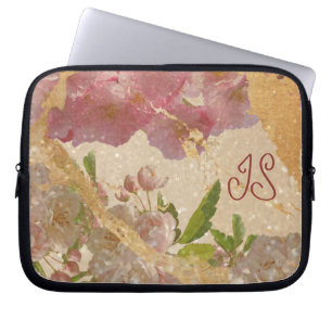 Funda Para Portátil Elegante Monograma Dorado Shimmer Diseño Floral