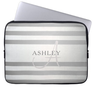 Funda Para Portátil Elegante Monograma Faux Plata Gradiente Rayas Gris
