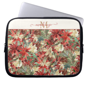 Funda Para Portátil Elegante Monograma Floral de Poinsettia de vacacio