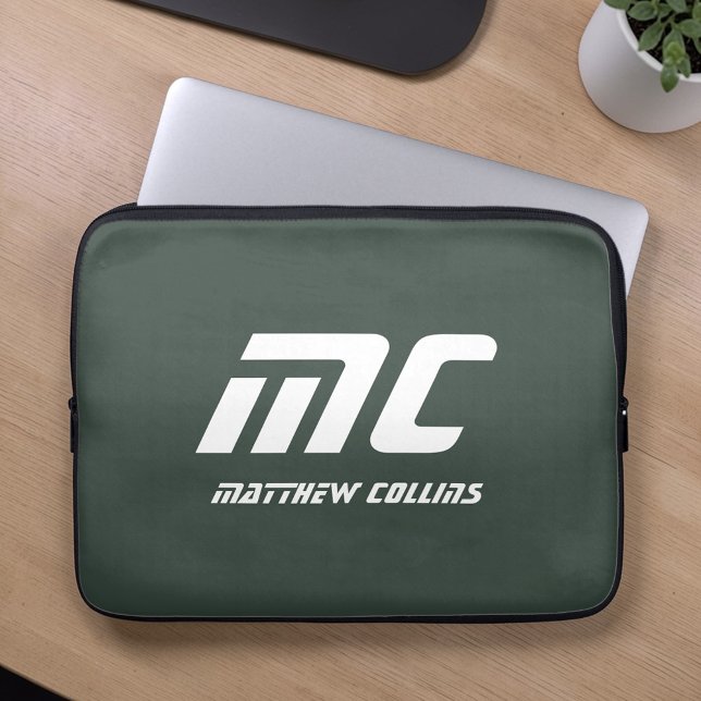 Funda Para Portátil Elegante Monograma Masculino Personalizado Verde (Stylish Green Personalized Monogram Masculine Laptop Sleeve)