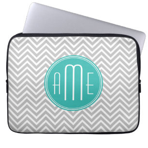 Funda Para Portátil Elegante Monograma Moderno Gris Chevron y Menta