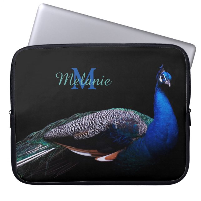 Funda Para Portátil Elegante Monograma Peacock Negro (Frente)