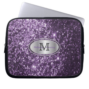 Funda Para Portátil Elegante Monograma Purpurina púrpura y plateado