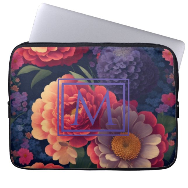 Funda Para Portátil Elegante monograma romántico floral naranja rojo (Frente)